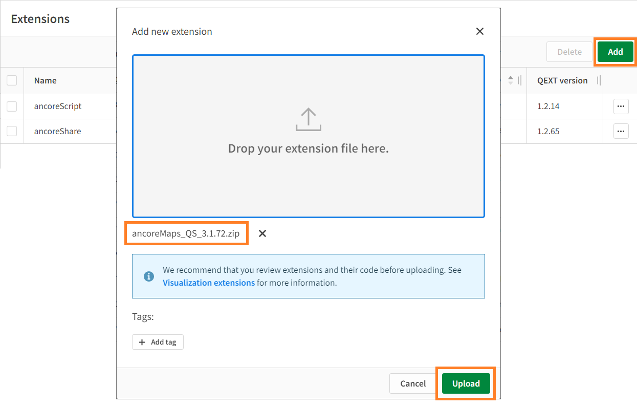 Upload the ancoreMaps installation ZIP in Qlik Cloud