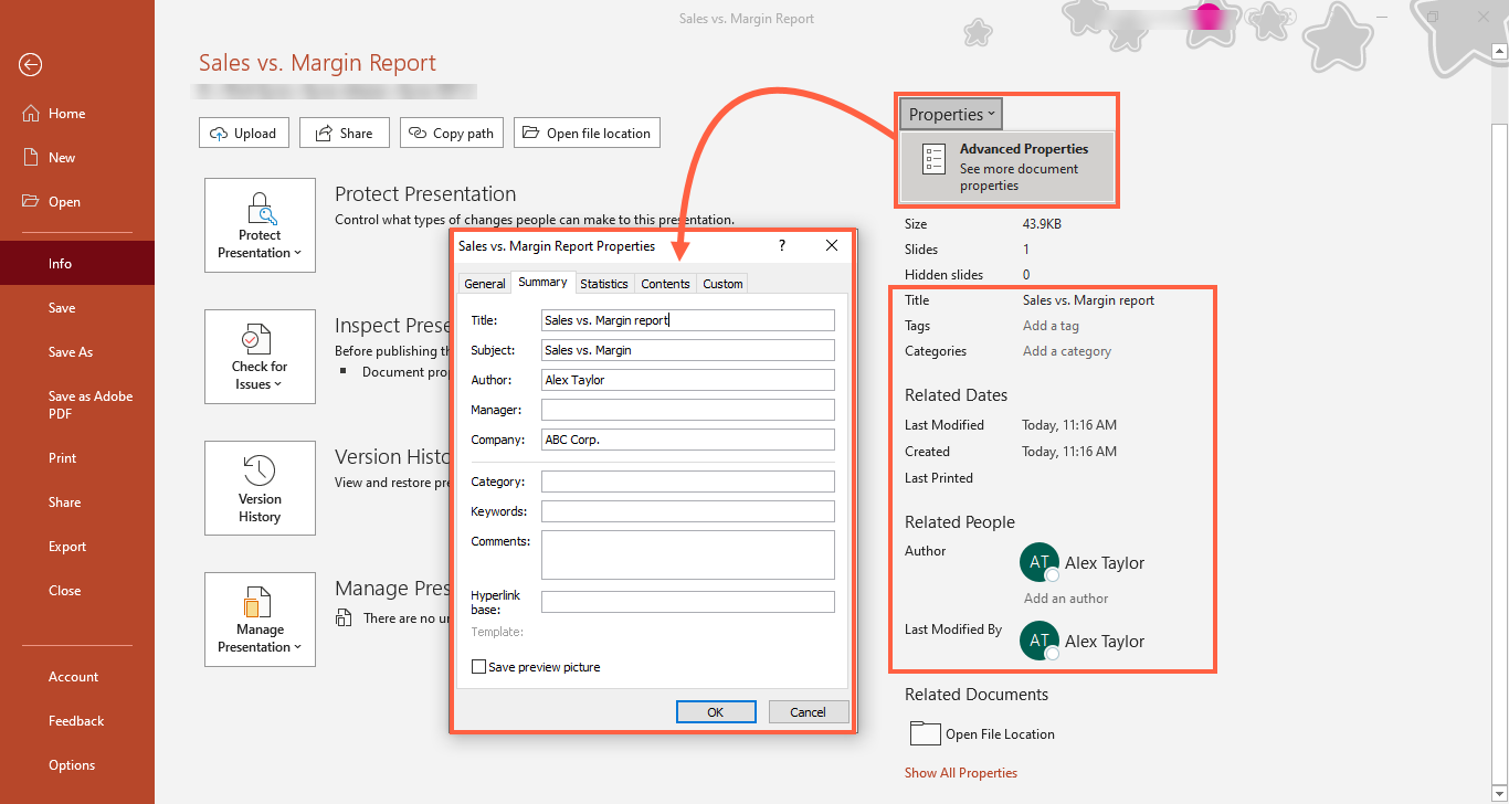 PowerPoint document properties